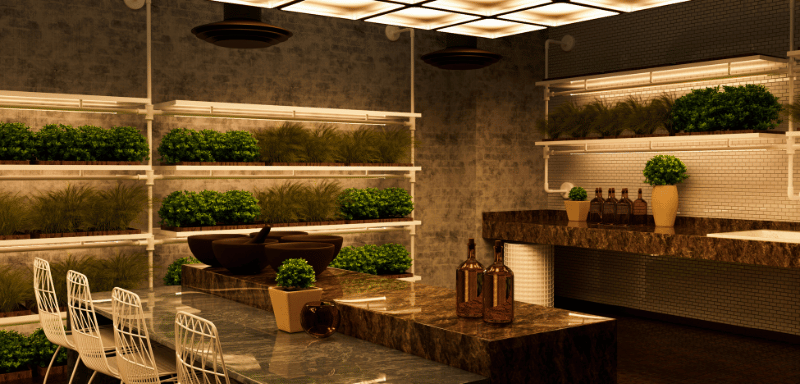 Contemporary kitchen with illuminated shelves filled with green plants, marble countertops, white chairs around a dining island, and warm ambient lighting.